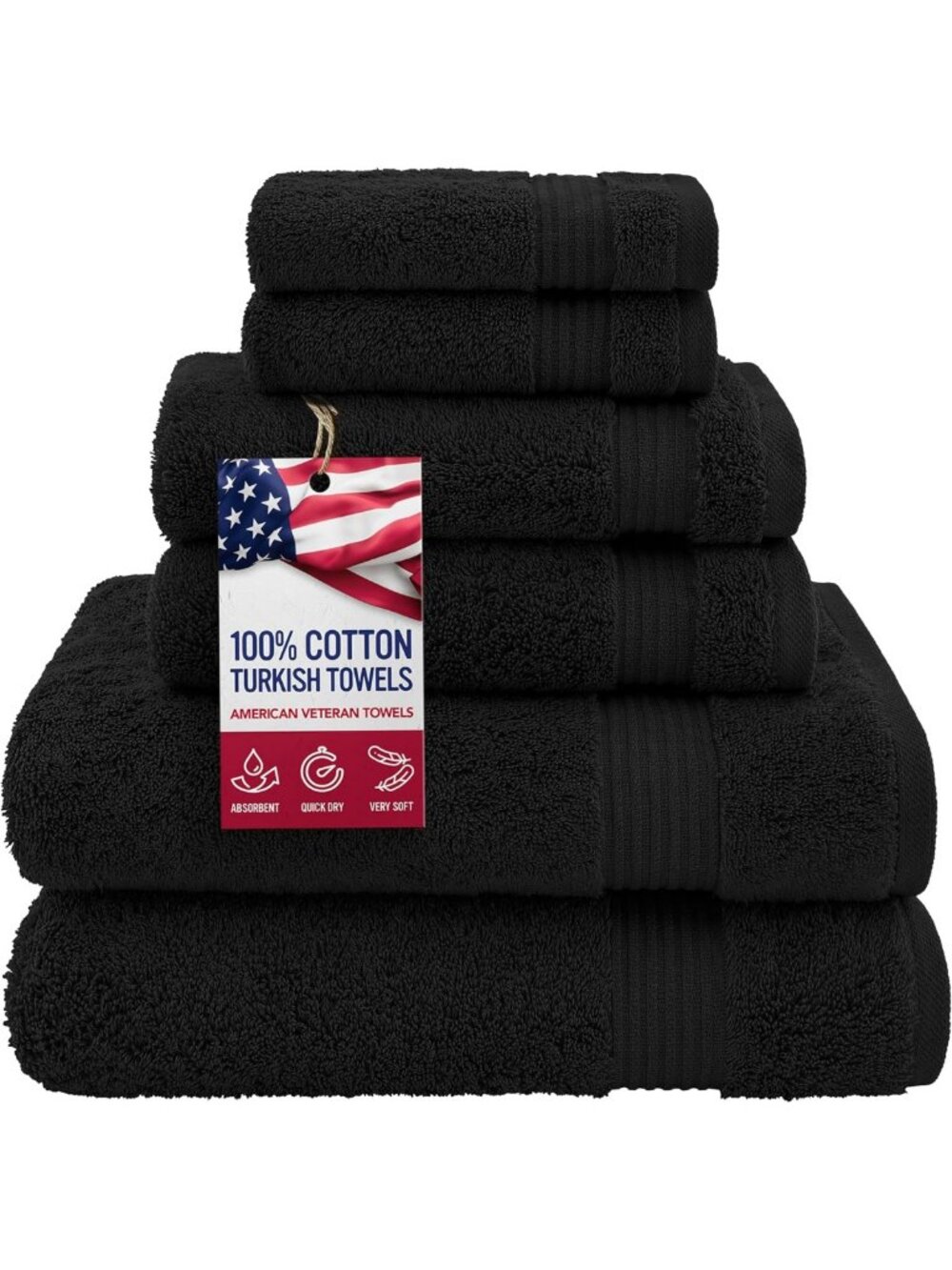Luxury 6-Piece Cotton Towel Set - Black Bath, Hand & Washcloths for Bathroom